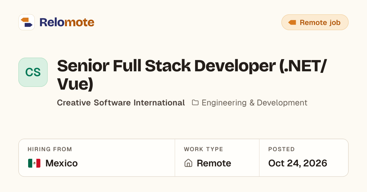 Senior Full Stack Developer (.NET/Vue) at Creative Software…