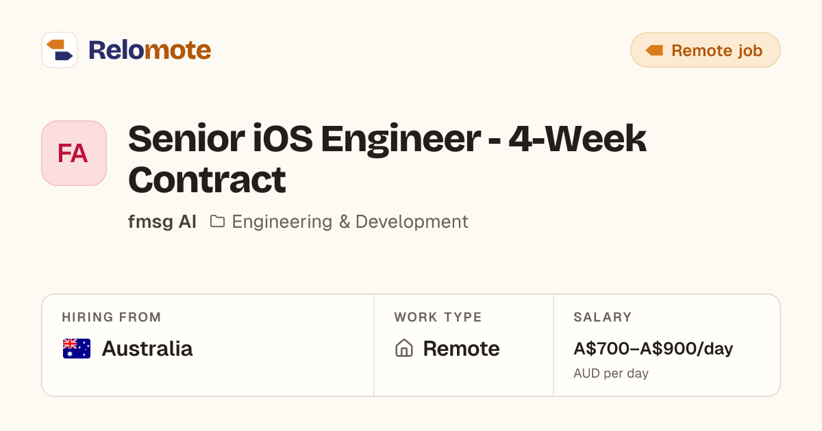 Senior iOS Engineer - 4-Week Contract at fmsg AI | Relomote