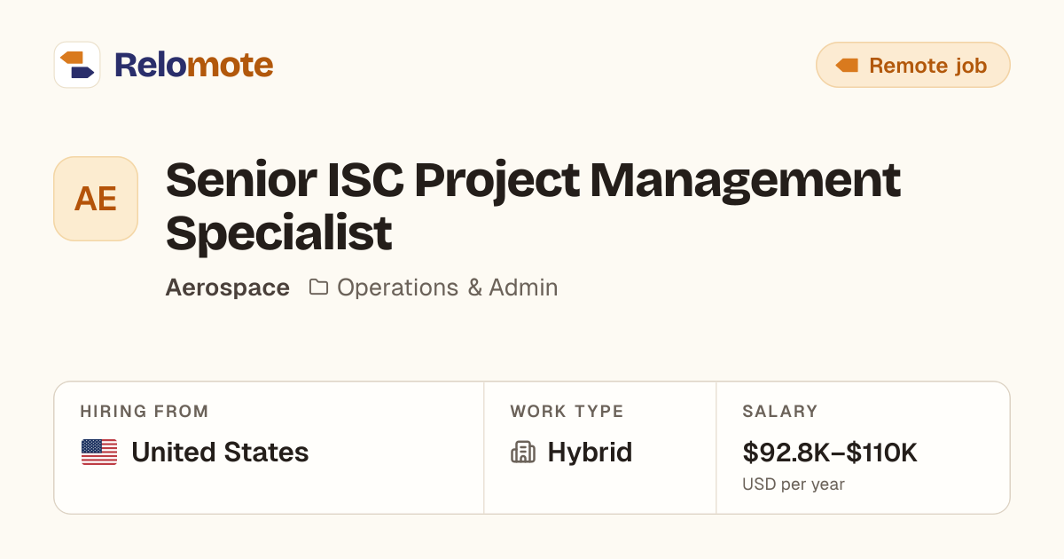 Senior ISC Project Management Specialist at Aerospace | Relomote