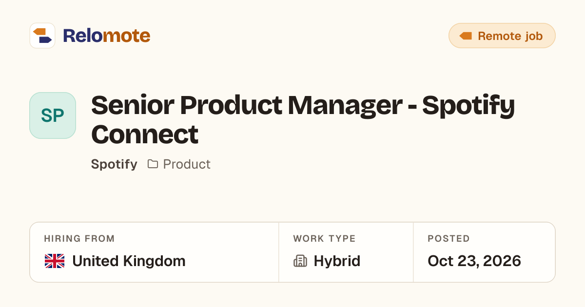 Senior Product Manager - Spotify Connect at Spotify | Relomote