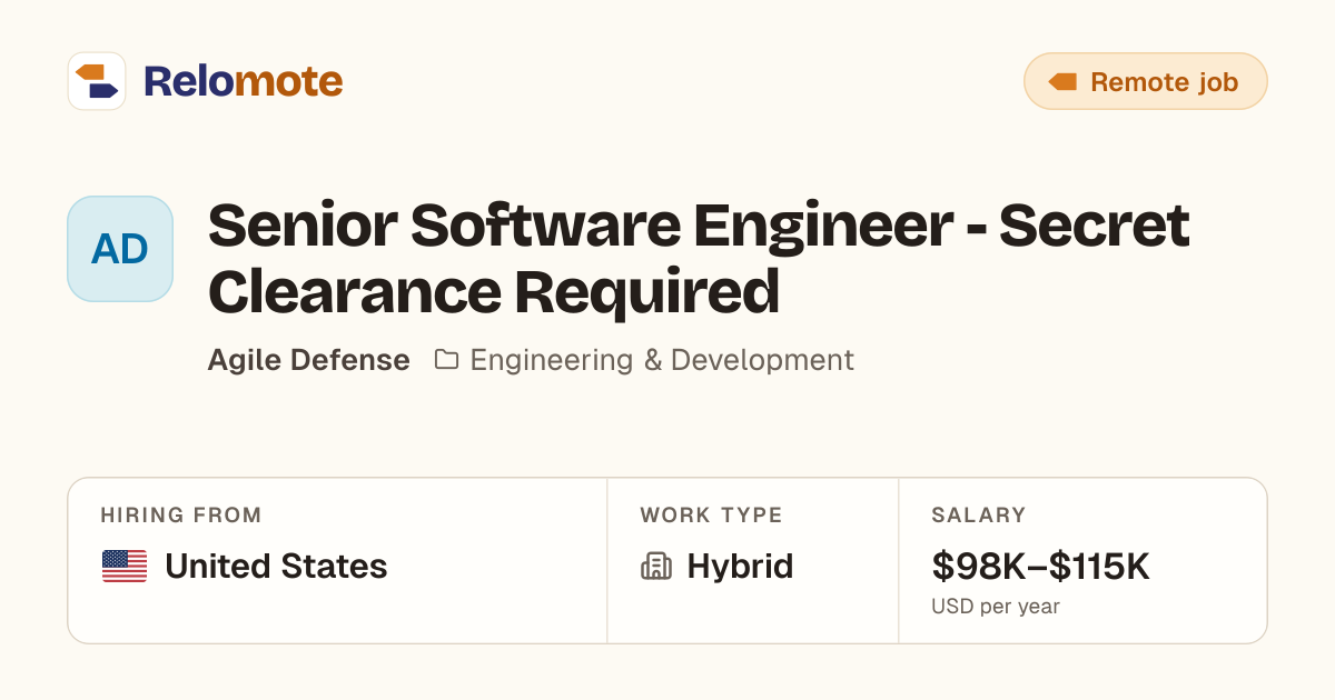 Senior Software Engineer at Agile Defense | Relomote