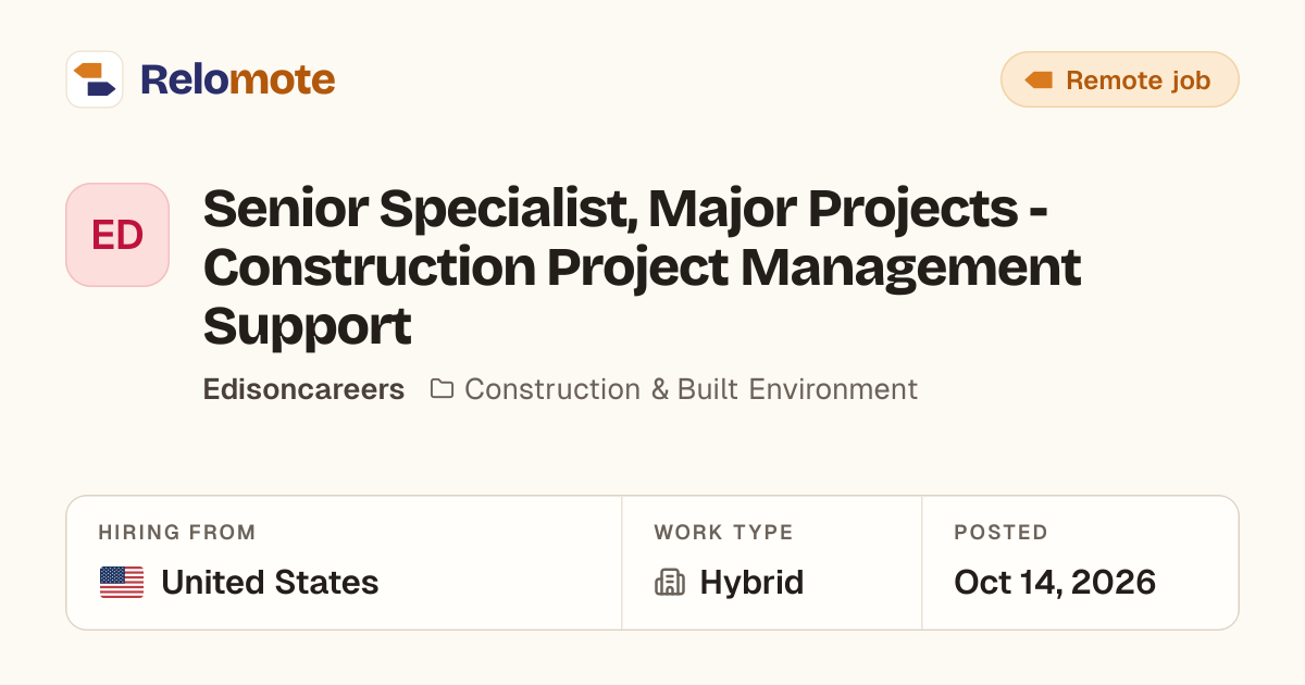 Senior Specialist, Major Projects - Construction Project Management…
