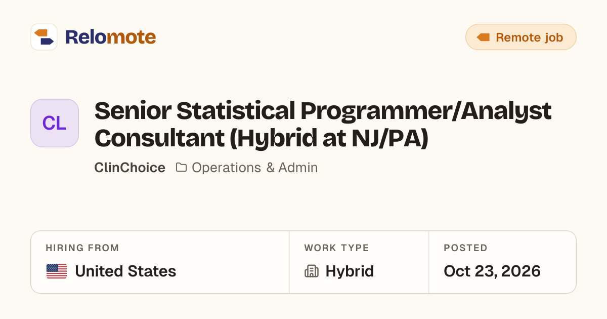 Senior Statistical Programmer/Analyst Consultant (Hybrid at NJ/PA)…