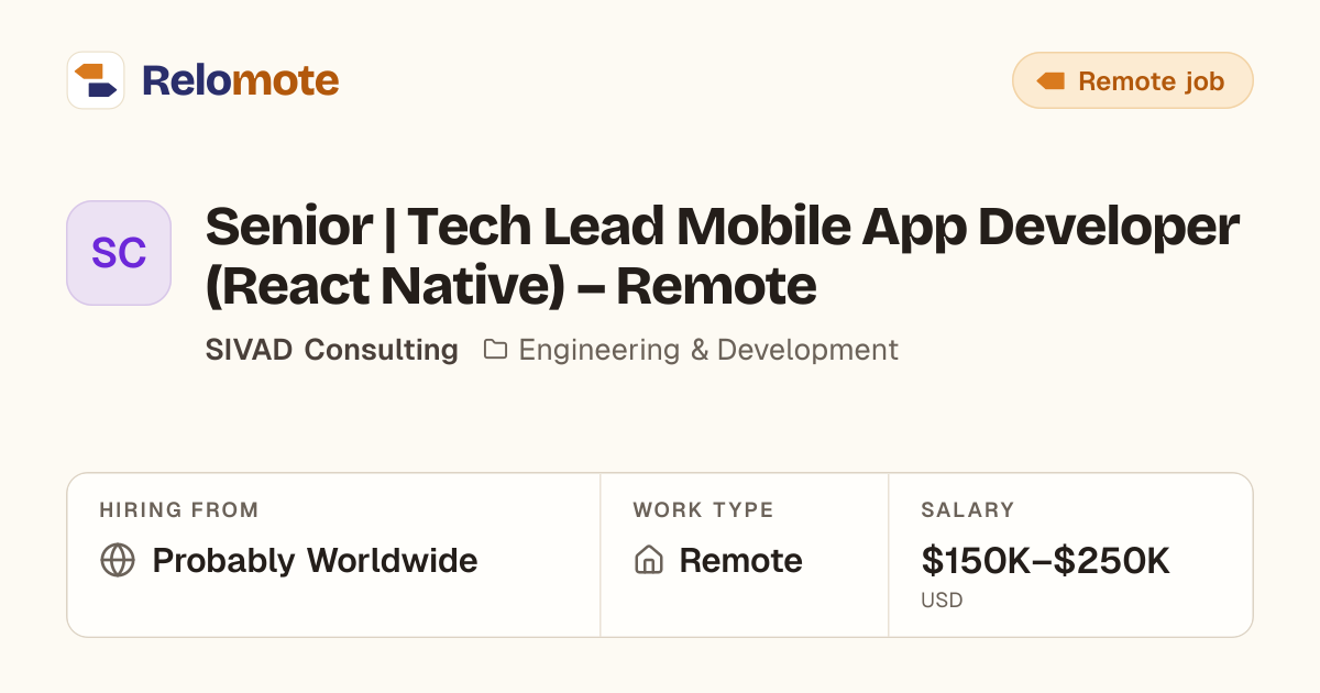 Senior | Tech Lead Mobile App Developer (React Native) – Remote at…