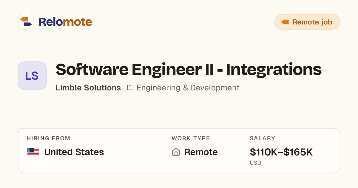 Software Engineer II - Integrations at Limble Solutions | Relomote