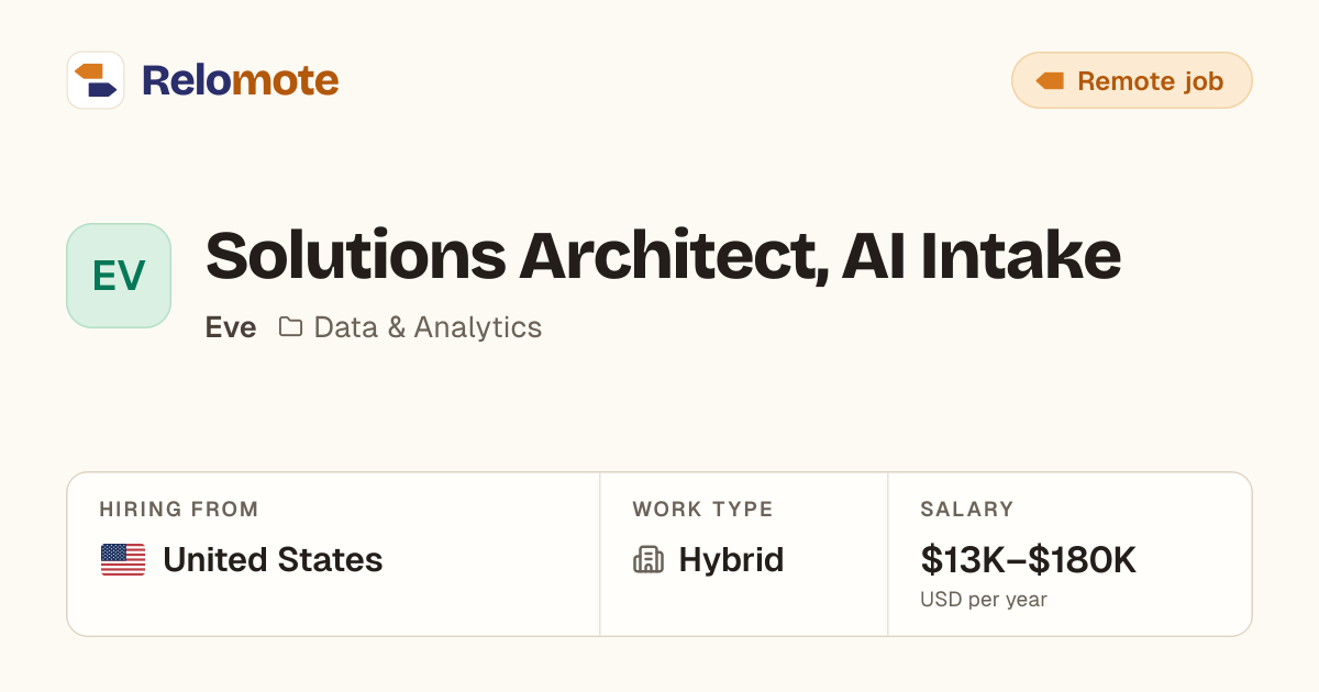 Solutions Architect, AI Intake at Eve | Relomote