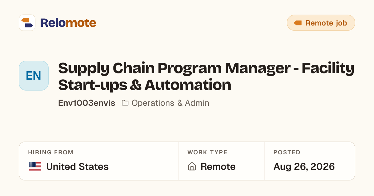 Supply Chain Program Manager - Facility Start-ups & Automation at…