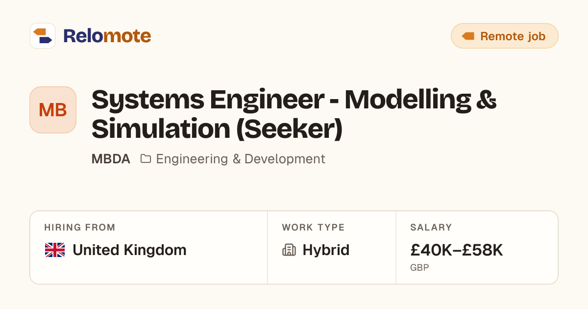Systems Engineer - Modelling & Simulation (Seeker) at MBDA | Relomote