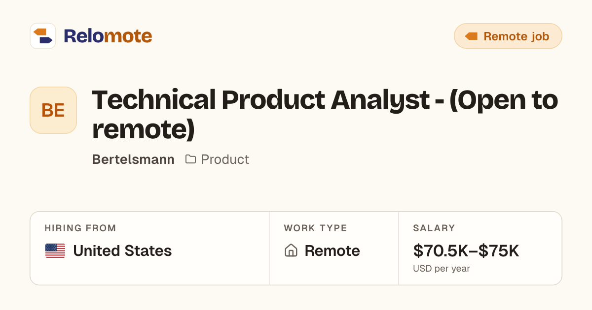 Technical Product Analyst - (Open to remote) at Bertelsmann | Relomote