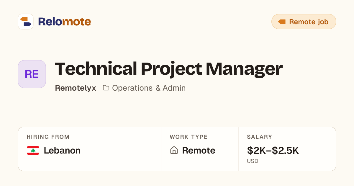 Technical Project Manager at Remotelyx | Relomote