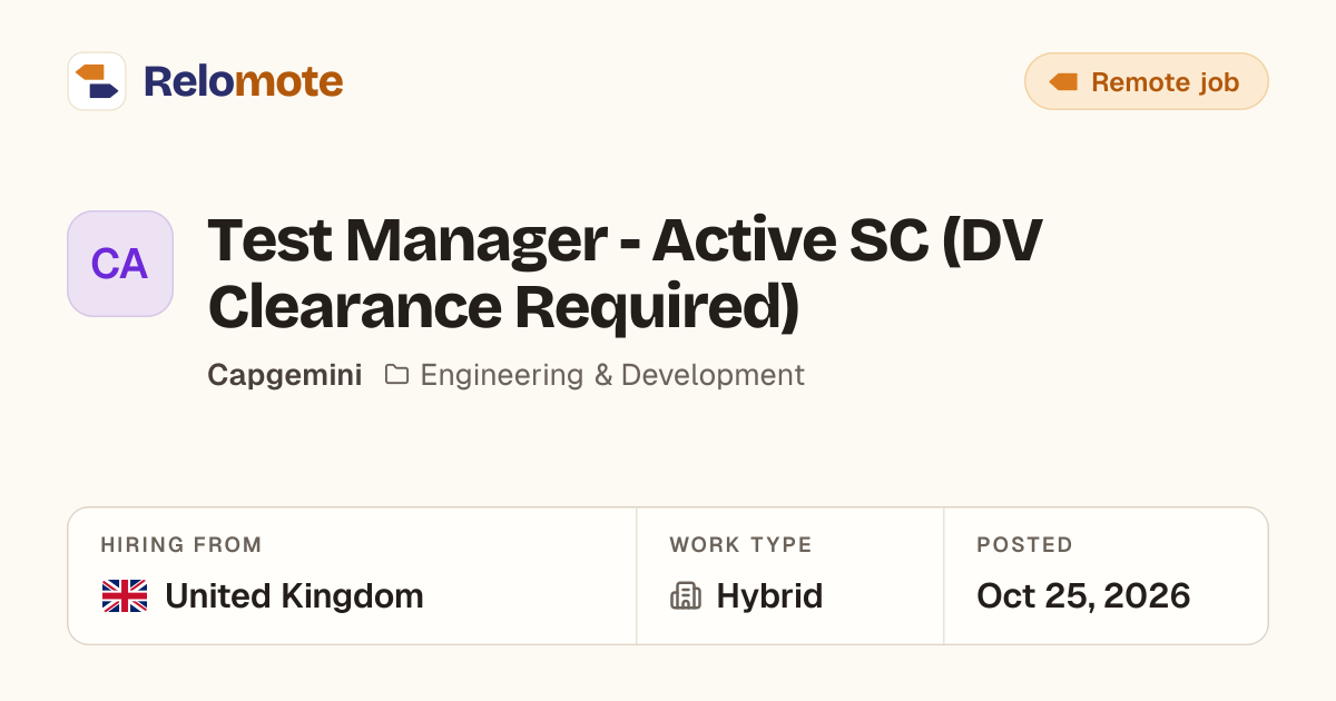 Test Manager - Active SC (DV Clearance Required) at Capgemini