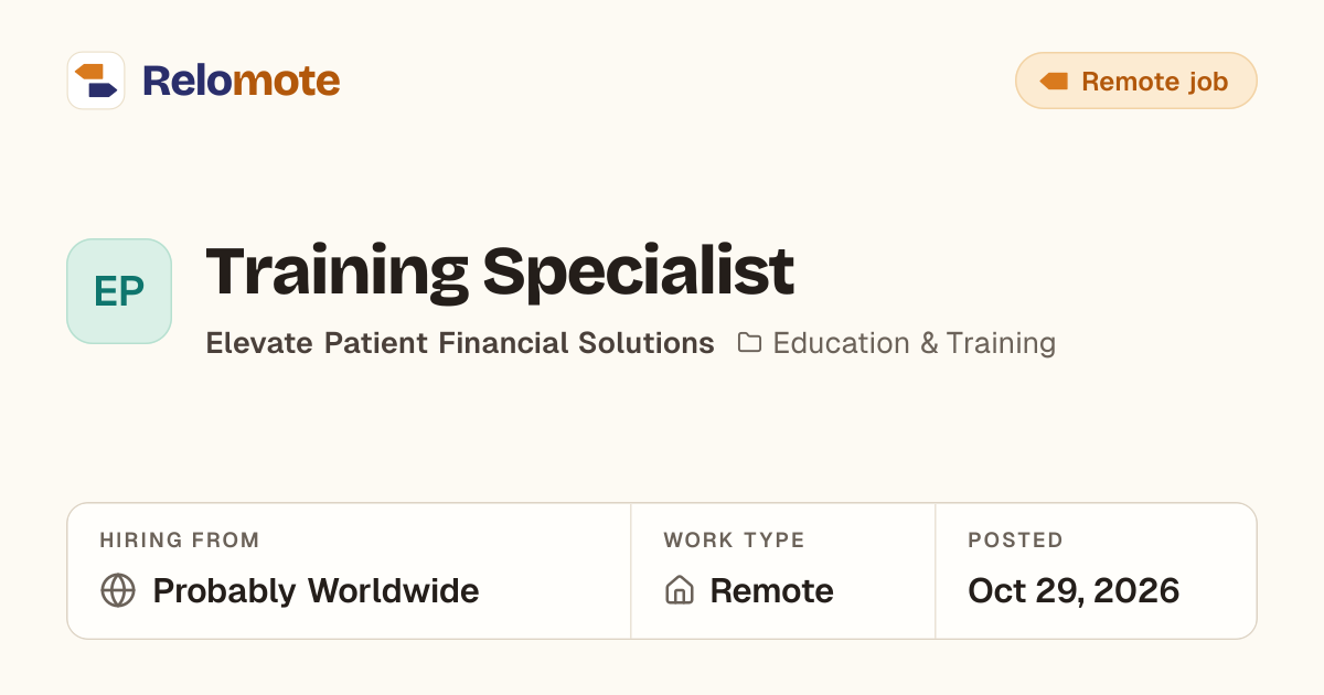 Training Specialist at Elevate Patient Financial Solutions | Relomote