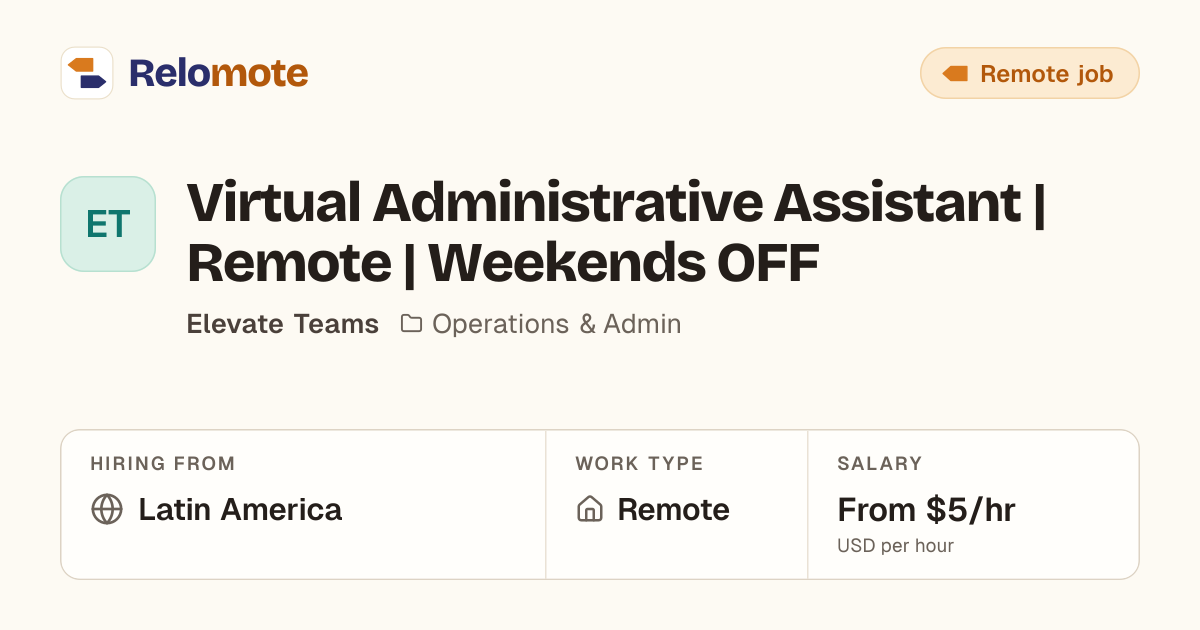 Virtual Administrative Assistant | Remote | Weekends OFF at Elevate ...