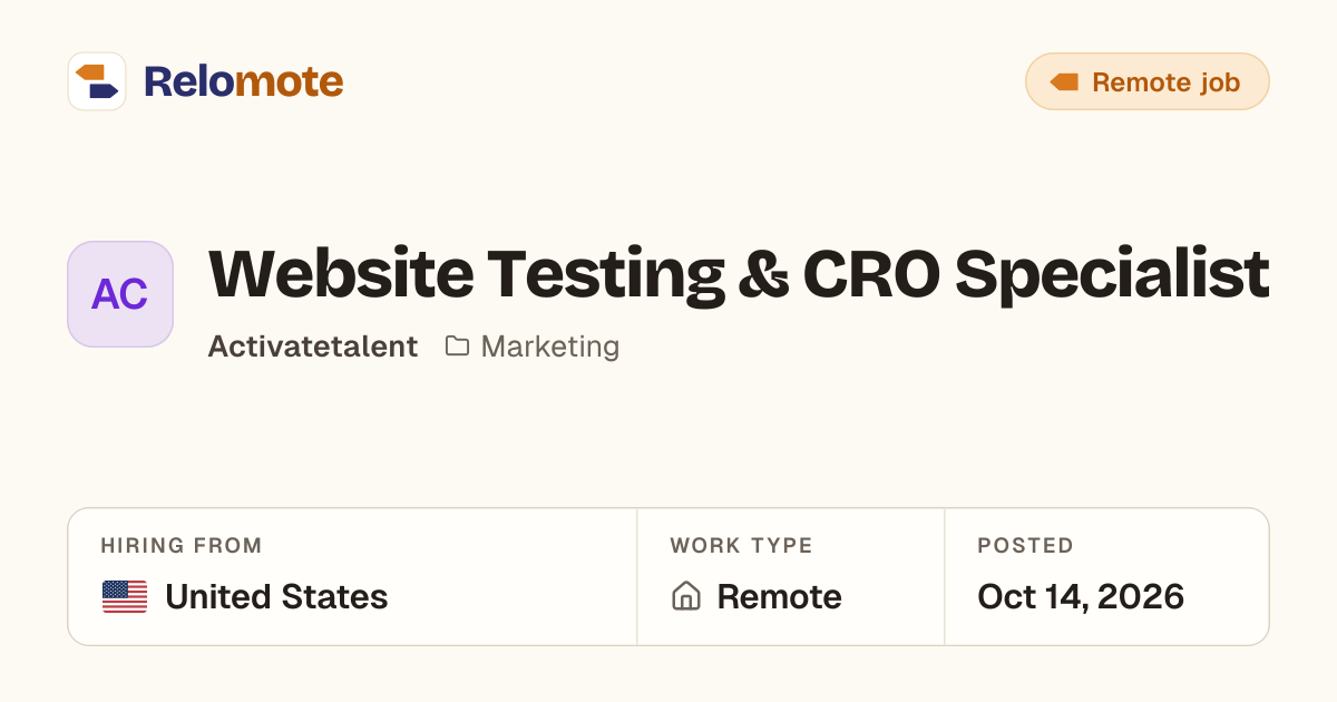 Website Testing & CRO Specialist at Activatetalent | Relomote